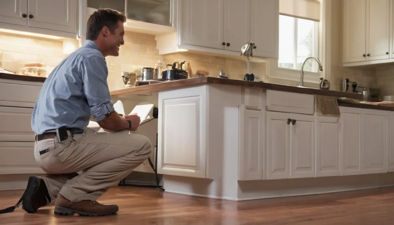 A friendly provider checking a kitchen baseboard with a flashlight in a Cuyahoga Falls home